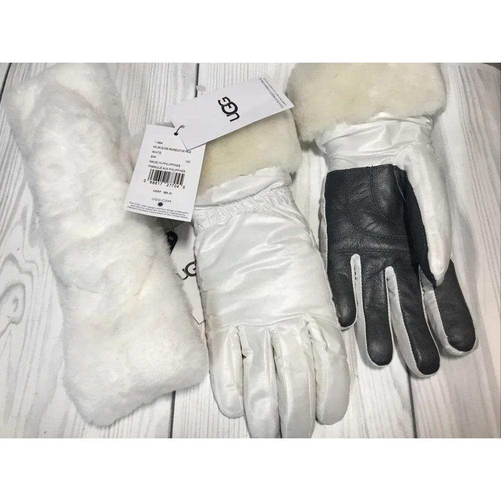 UGG Women's Shearling Cuff Fur Lined Tech Gloves‎ in White & Headband Size S/M